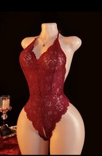 Burgundy Lace Teddy Lingerie Deep V Bodysuit Babydoll One Piece Size 6 282