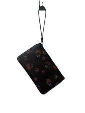 Coach Size One Size Black Floral Print Leather Zip Wristlet Clutch Bag