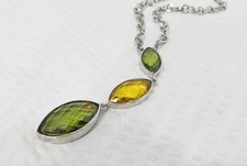Image of Signed Anne Klein Green & Gold Crystal Pendant Silver Tone Chain Choker Necklace