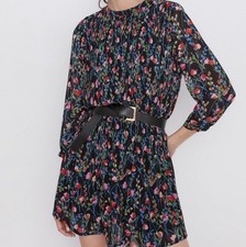 Zara Floral Long Sleeve Annie Dress Pleated Chiffon. Size XS.