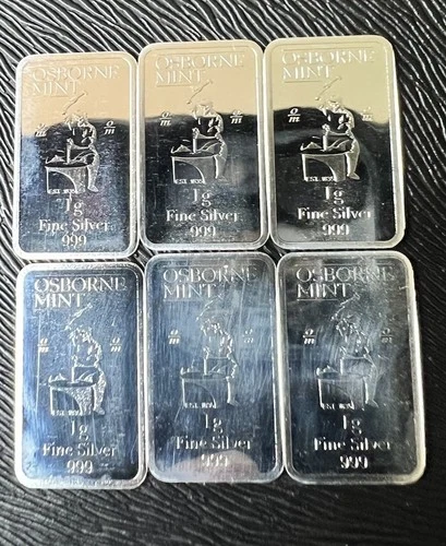 Fine .999 Silver 1 gm bars lot of 6 Osborne Mint