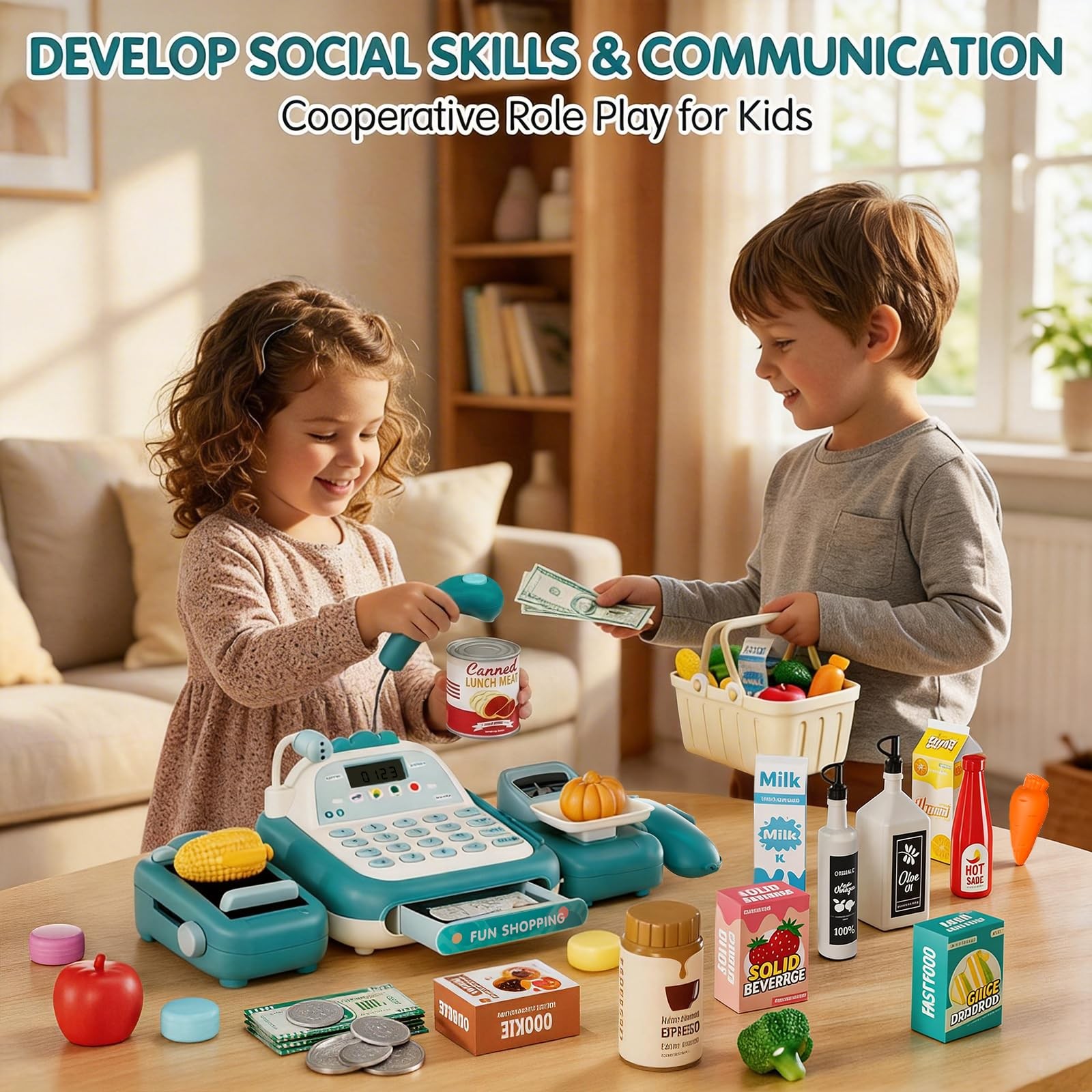как выглядит STACTCUTE 49Pcs Cash Register Toy Set for Kids, Child-size/Miniature, Green фото