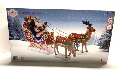 Holiday Time Christmas LED Santa With Sleigh & Reindeer Light Up Figurine Set