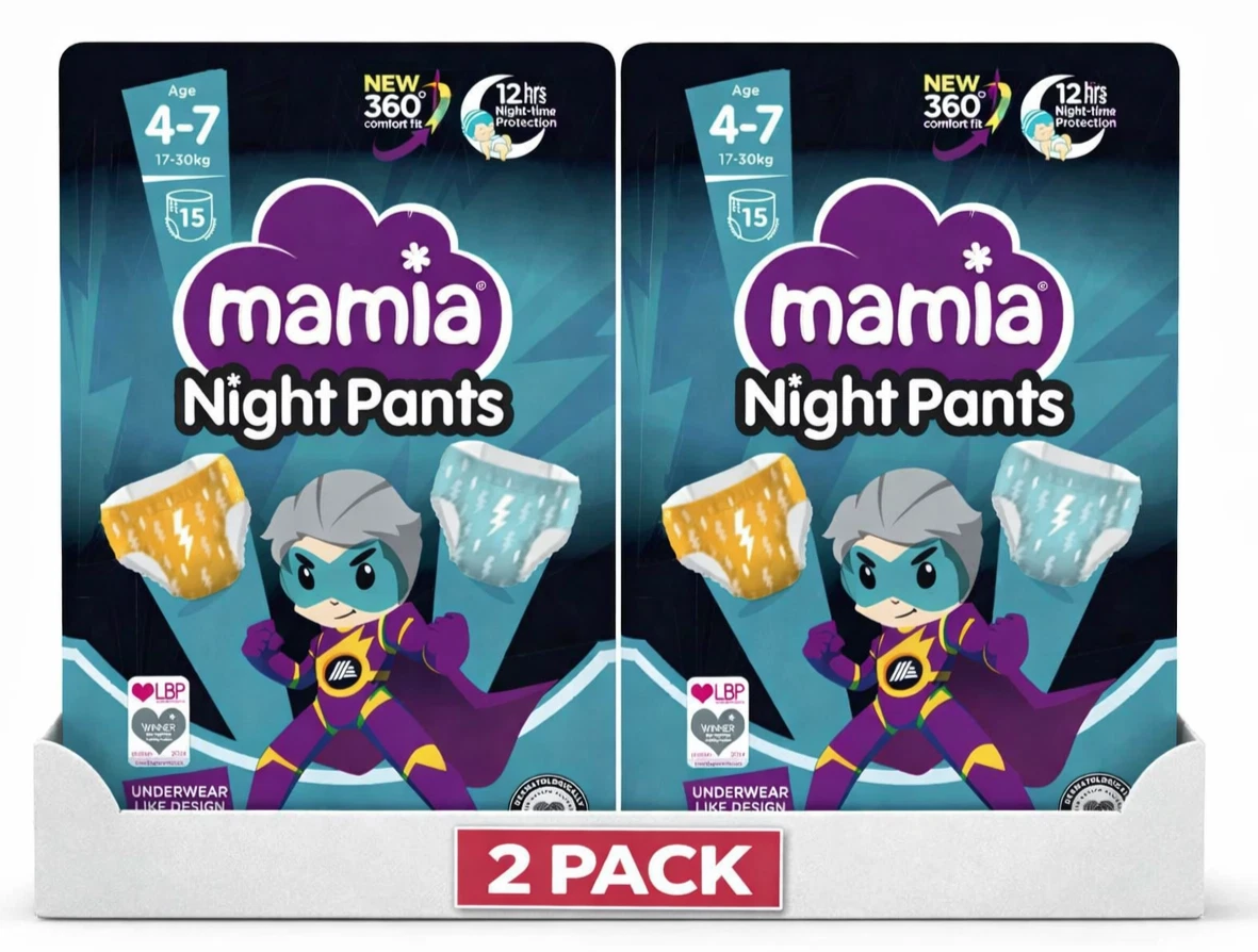Mamia Night Pants 4–7yrs (17–30kg) 15 Pack | 12hr Protection x 2 Pack