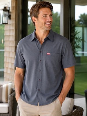 Dixxon Benny Short Sleeve Button Up Shirt Men s XL Gray Stripe Work Casual