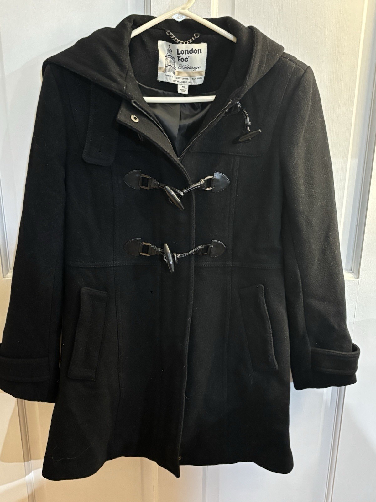 Women’s London Fog Toggle Black Hooded Coat 80% Wool
