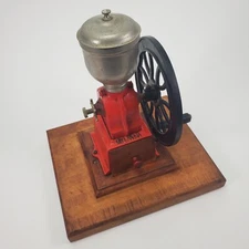 Vintage Maple Mounted Elma Big Wheel Coffee Mill Grinder w/Cast Iron Wheel Works