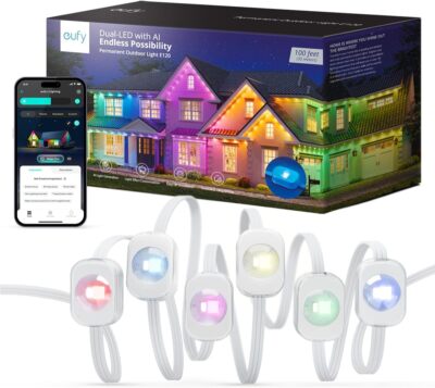 eufy Permanent Outdoor Light 100ft 60Dual-LED RGB App Control AI Light for Decor