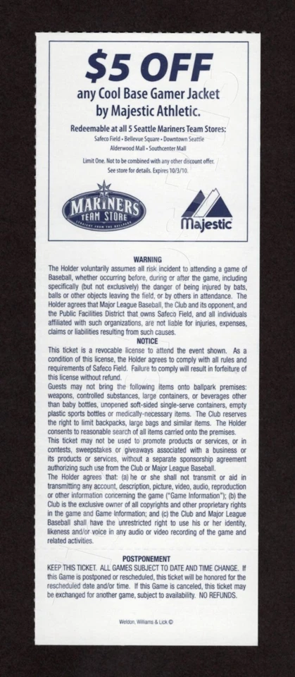 Ken Griffey Jr LAST GAME vs ANGELS Mariners 5/9/2010 MINT Ticket ICHIRO 350th SB - Image 2 of 4