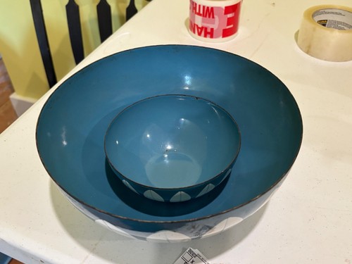Rare Catherineholm teal blue MCM Norway enamel bowls 9.5” & 5.5 Catherine Holm - Picture 7 of 10