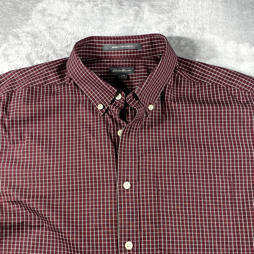 Eddie Bauer Mens TM Dress Shirt Dark Red Check Wrinkle Free Slim Button Up - Picture 2 of 9