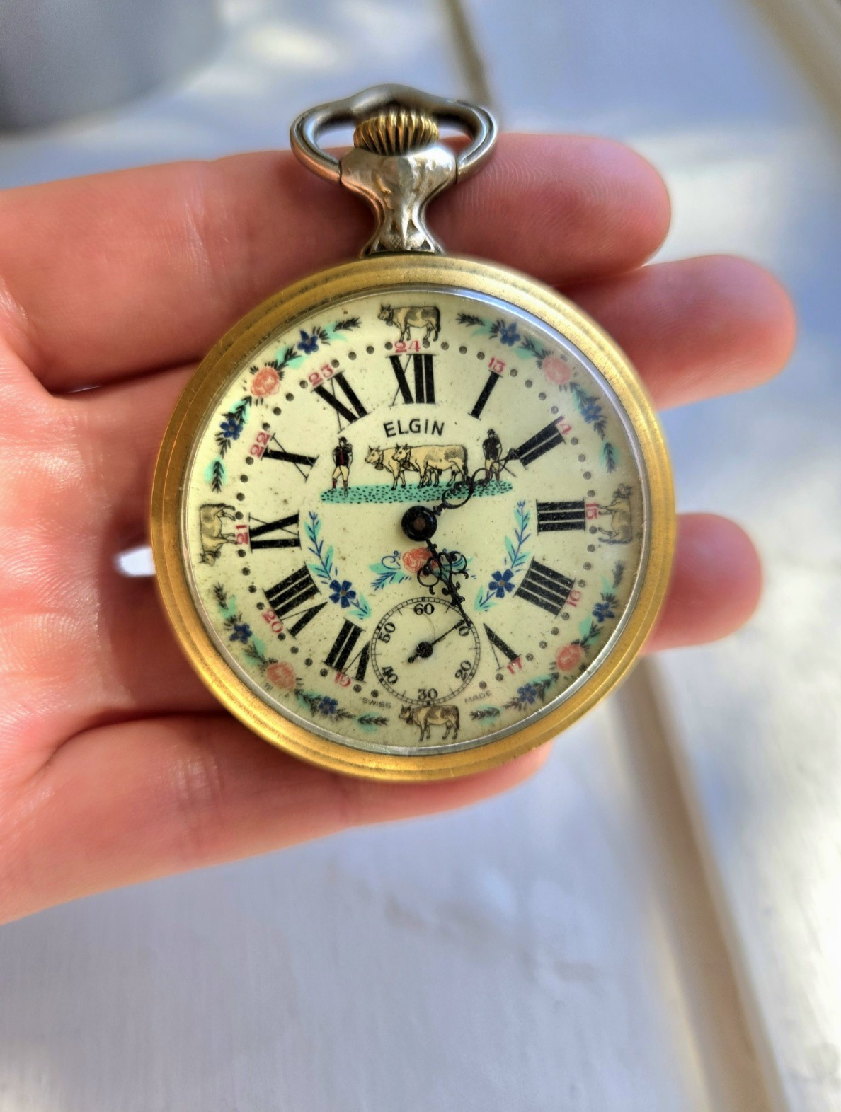 Vintage Elgin 324 Swiss 17J Pocket Watch in Rare Fisherman Case