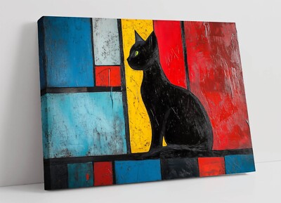 SCHWARZE KATZE IM KUBISTISCHEN ÖLGEMÄLDE STIL - TIEF GERAHMTER WANDBILDDRUCK AUF LEINWAND