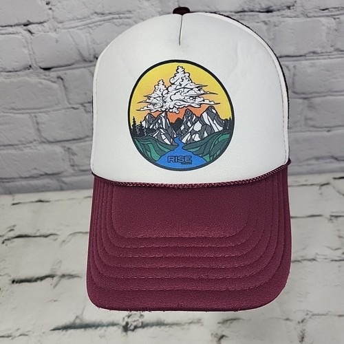 Rise Mountain Graphic Trucker Hat Unisex Maroon Snapback Rope Front Ball Cap
