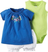 Carter's Baby Girls 3 Pc Bodysuit  Diaper Cover Set Blue Multi Embroidery 3M/6M