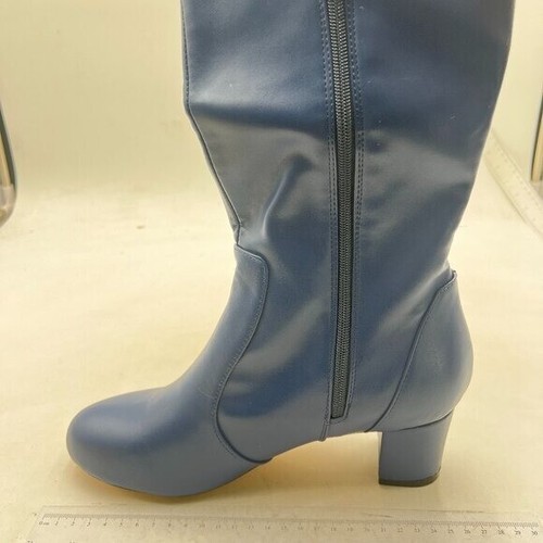 Women Closed Rounded Toe Knee High Boots Wide Calf Chunky High Heels Blue Shoes