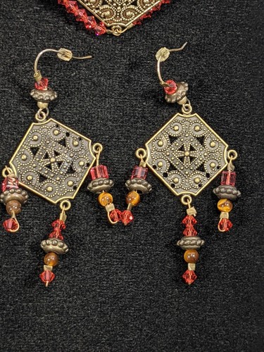 Artisan Bronze Tone Pink Glass Bead Square Dangle Earrings Bracelet Set 14497 - Picture 2 of 4