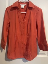 Orange Blouse Baby Doll Front V Neck Collared Button Front 3/4 Sleeve Size S Y2K