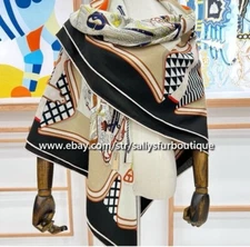 Sallys 70% Cashmere 30% Silk Stole Geometric Print Double Face Scarf Shawl 53"