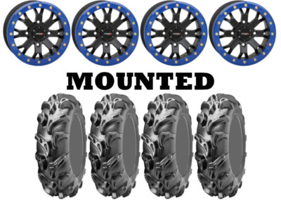 Kit 4 ITP Mega Mayhem 28x9-14 on System 3 SB-4 Beadlock Matte Black Blue HP1K