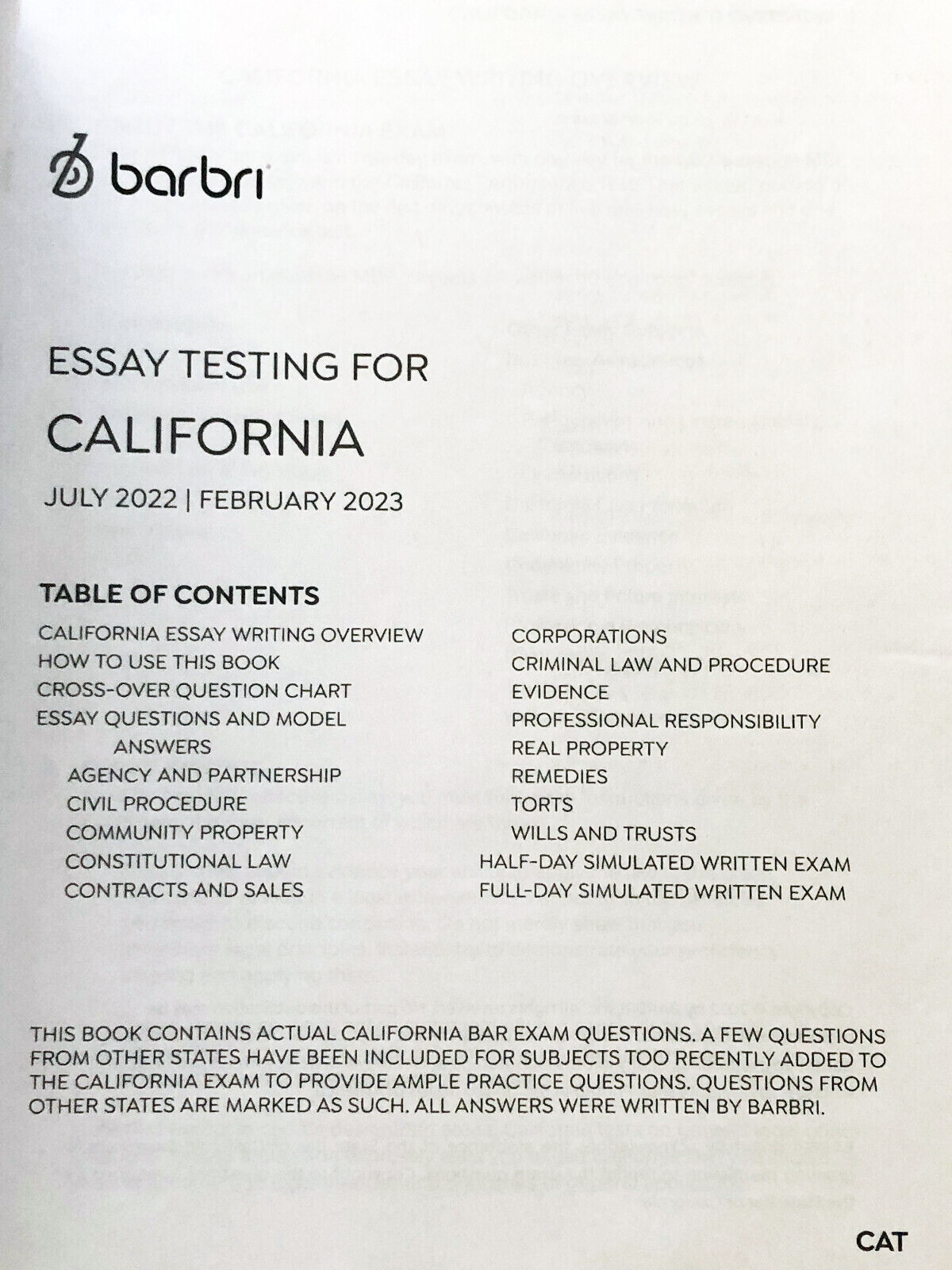 2022 2023 Barbri Bar Exam Review Essay Testing for California CA eBay