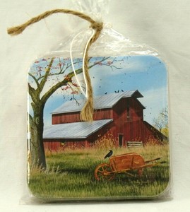 New Set Of 4 Cork Drink Coasters Red Barn Farm Ebay