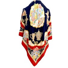 Vintage 35" Silk Scarf Shawl - Baroque Floral  Tea Set Print - Elegant Wrap A34