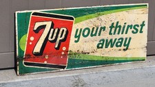 Vintage 7 Up Your Thirst Away Sign &ndash; Original / Authentic 7Up, 15x33&rdquo;