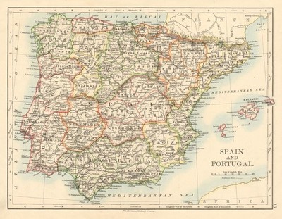 SPANIEN UND PORTUGAL Iberien Provinzen Eisenbahnen Balearen JOHNSTON 1892 alte Karte