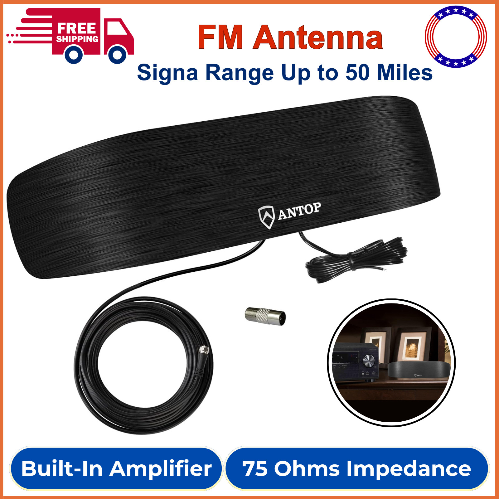 Antop At 217FM Amplified Indoor AM/FM Antenna 50Mile Signal Range Stylish Design