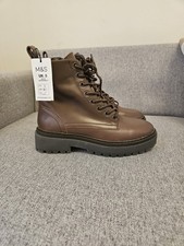 New Marks & Spencer Leather Lace Up Flatform Boots in Brown Size Uk5