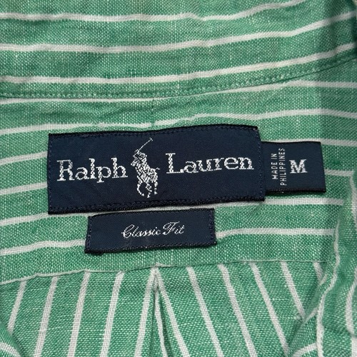 Polo Ralph Lauren Shirt Green Mens M Button Down Linen Striped Short Sleeve - Picture 7 of 10
