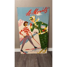 Vintage St. Moritz Switzerland Ski Travel Poster Art on Wood Board 24x39.5 Guss