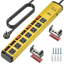 6-Outlet Metal Power Strip with 2USB and Individual Switches,15A/14AWG/6FT Cord