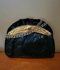 Vintage Black Snakeskin 1980s Jeweled Gold Design Panels Ruffled Handbag Clutch