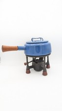 Vintage DANSK 1HQ Kobenstyle Blue Enamel Wood Handle Fondue Pot Cast Iron Stand