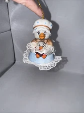 Caring Critter Chimers Duck W/ Baby & Book Jasco Taiwan Bisque Porcelain READ