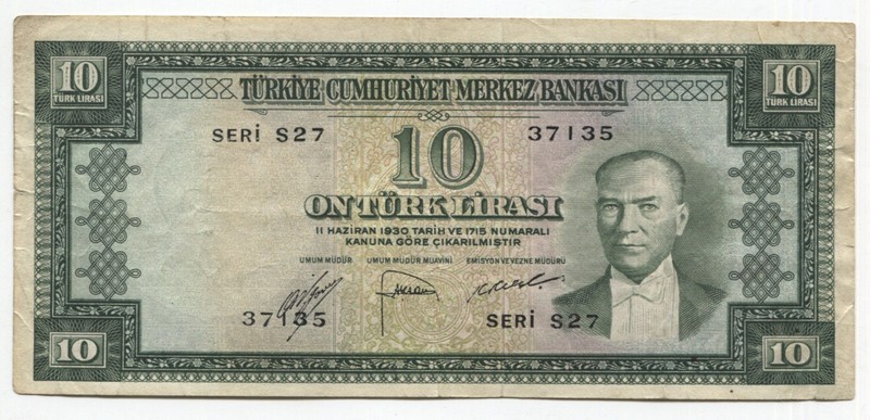 Turkey 1952 10 Lira Banknote P#157a VF See Scans