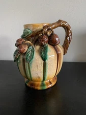 Antique Vintage Majolica Cocoa Bean Pitcher Vase Jug Ceramic Pottery READ