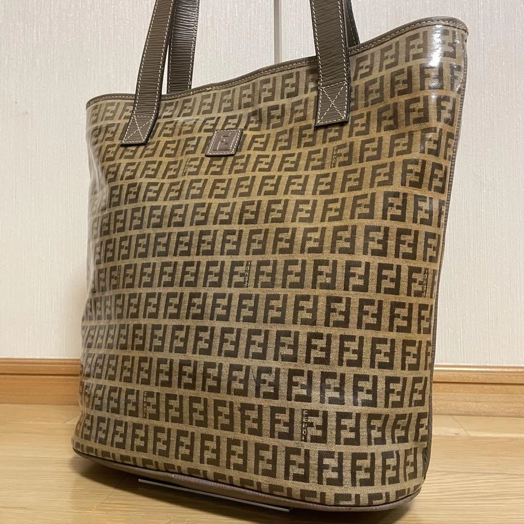 Borsa Fendi Tote Bag Marrone Zucchino Rivestita Tela Pelle Spalla Verticale Rara