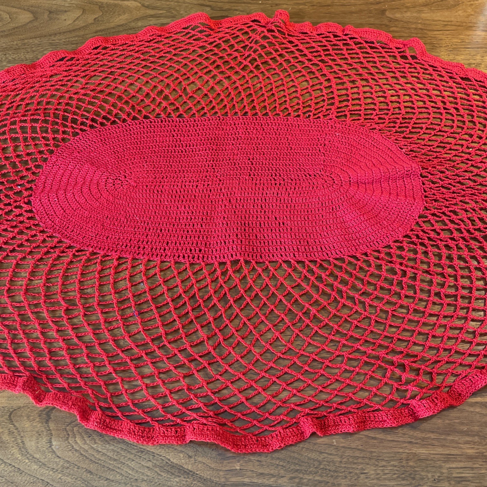 Large 30"x21" Red Vintage Crochet Table Runner, Doily, Buffet Or Dresser Scarf