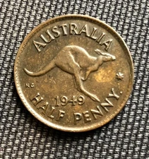 1949, Australia 🇦🇺 Half Penny, George VI, Sterling Coinage, Bronze, S233