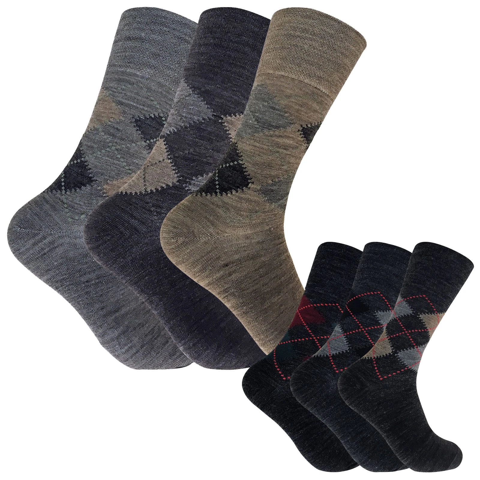 3 Pack Mens Non Binding Lambs Wool Blend Pattern Socks for Circulation