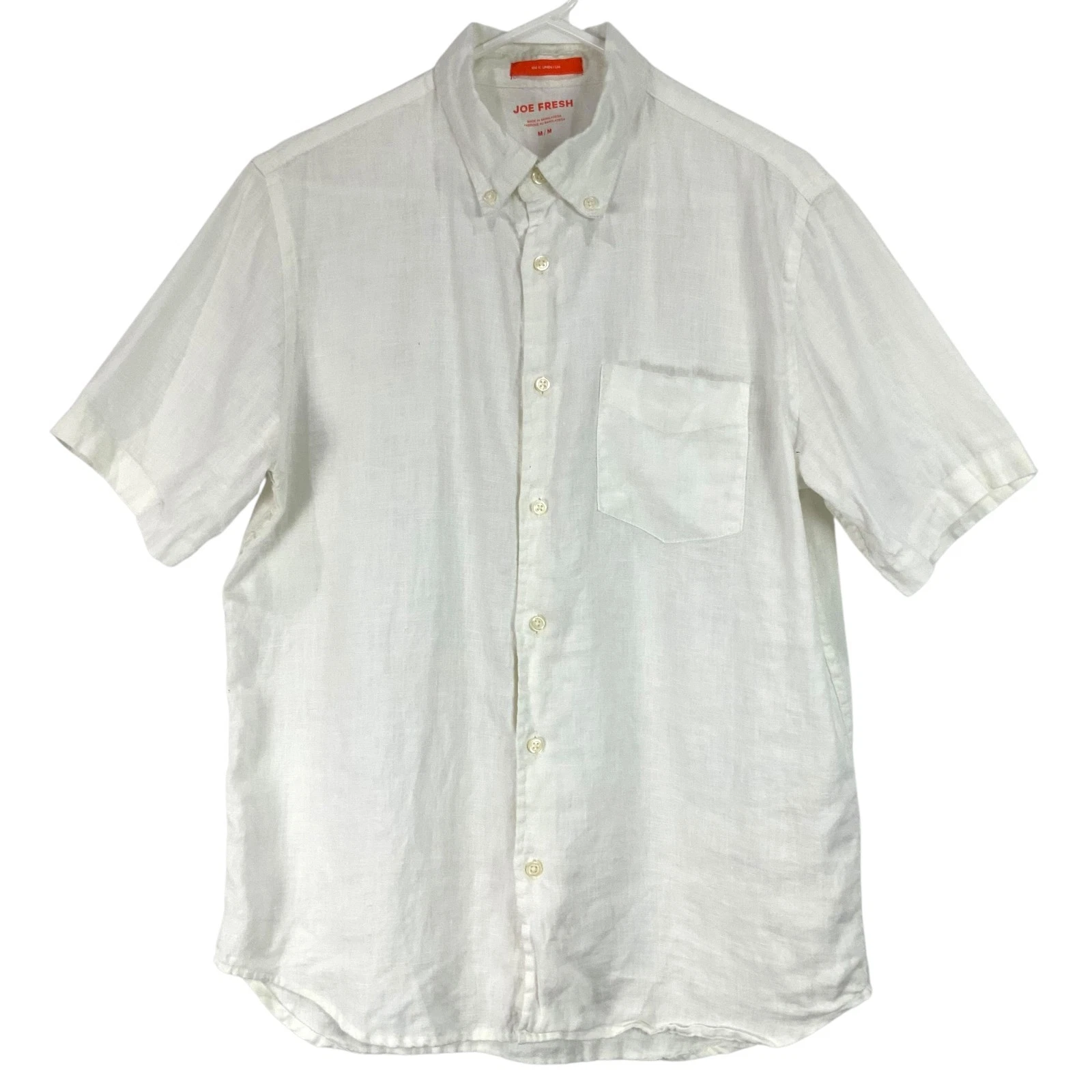 Joe Fresh White Short Sleeve Collared Linen Button Down Shirt Size M w/Pocket