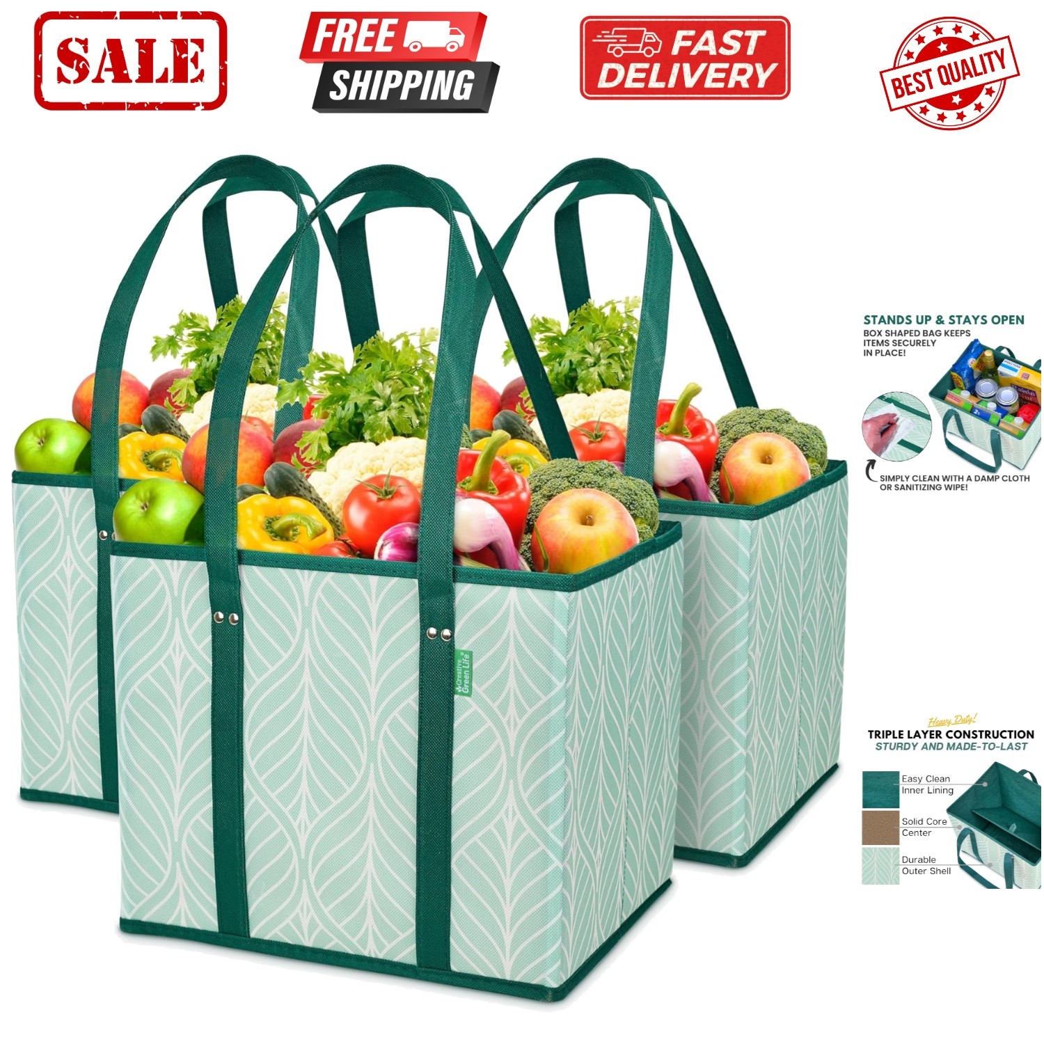 Reusable Grocery Bags 3 Pack – Heavy Duty Reusable Shopping Bags for Grocerie...