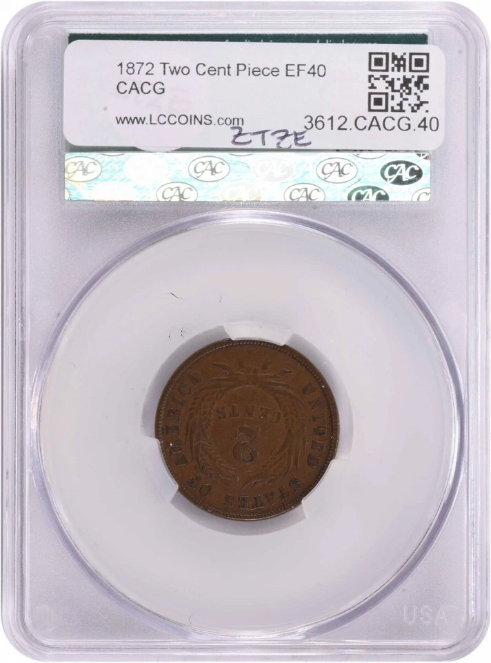 1872 Two Cent Piece EF40 CACG - Image 2 of 4