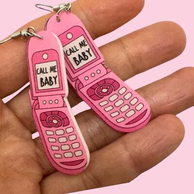 Pink Retro Flip Phone Call Me Baby Old School Earrings Quirky Y2k Novelty