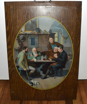 RARE Vintage A CLOSE GAME Poker Guns Antlers Beer Dog Tin Litho Advertising SIGN