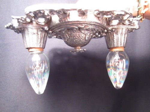 antique 1920s ART DECO FLUSH MOUNT LIGHT FIXTURE by RIDDLE in NICKEL... Restored - Picture 5 of 24