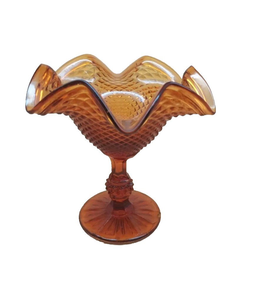 Indiana Glass Fluted Compote Diamond Point Candy Dish Amber